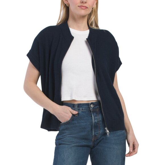 COLORUSH Navy Cashmere Billy Baseball Bomber Cardigan